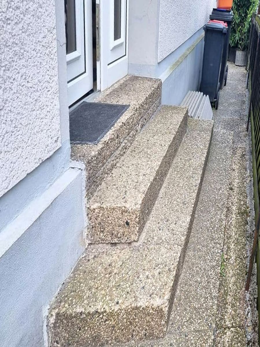 Vorher: abgenutzte Treppe und Weg aus Waschbeton mit Moos, daneben ein alter Holzzaun
