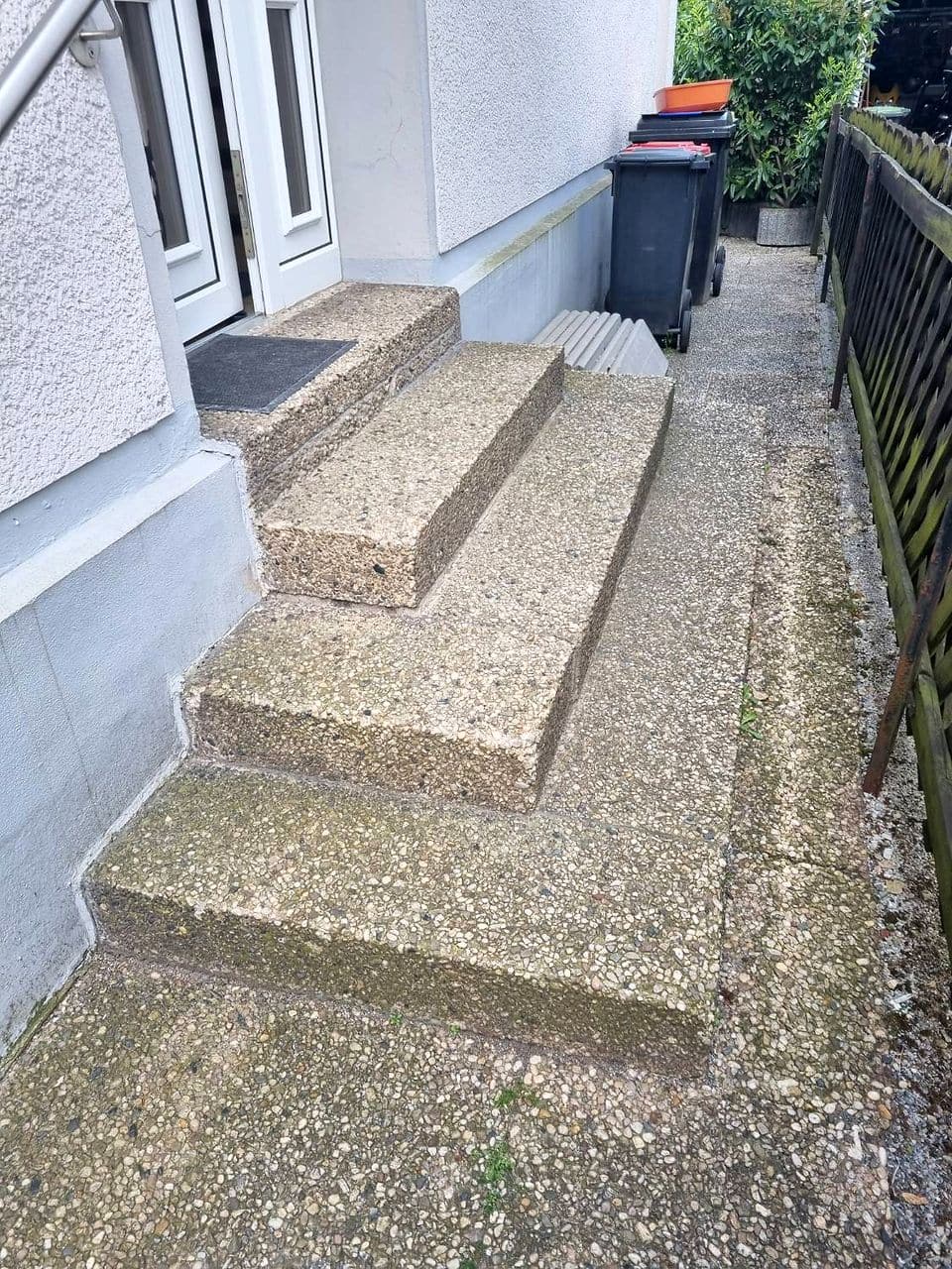 Vorher: abgenutzte Treppe und Weg aus Waschbeton mit Moos, daneben ein alter Holzzaun