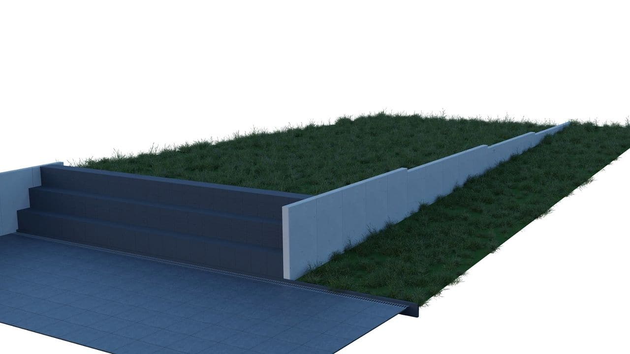3D-Visualisierung der Planung: Terrasse aus Großformatplatten, Sitzstufen mit Entwässerungsrinne und L-Stein-Wand zum Garten