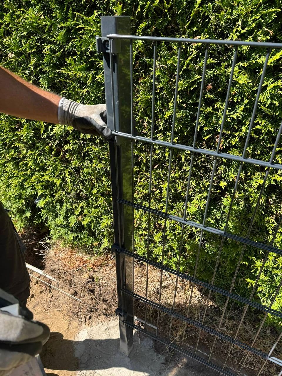 Ein Zaunfeld wird mit Klemmhaltern am einbetonierten Pfosten befestigt